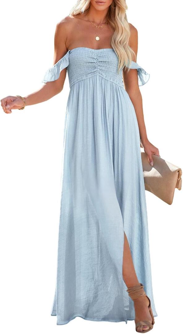 Happy Sailed Women's 2025 Summer Smocked Off The Shoulder Maxi Dresses Ruffle Short Sleeve A Line Side Slit Sundress (B Blue) S
