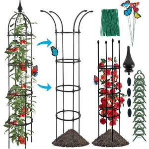 WellSign Garden Obelisk Trellis for Climbing Plants Outdoor, 6.6ft Tall Rustproof Coated Metal Plant Support with Garden Twist Tie for Tomato Cucumber Ivy Vines Rose Potted Plant Trellis 1 Pack