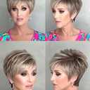 TISHINING Short Ombre Grey Pixie Cut Wigs for White Women with Bangs Synthetic Grey Blonde Wig with Dark Roots Natural Layered Short Hair Wigs for Women