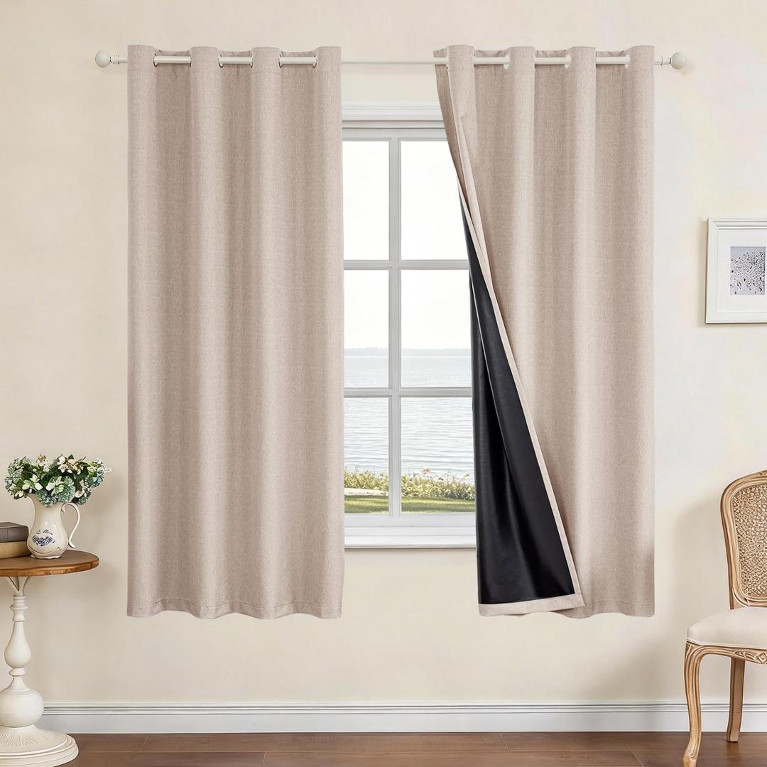 CYCMACO Faux Linen 100% Blackout Curtains for Bedroom, Room Darkening Curtains 84 Inches Long, Black Lined Long Curtain Grommets Drapes, Thermal Curtains for Living Room (2 Panels, Light Coffee)