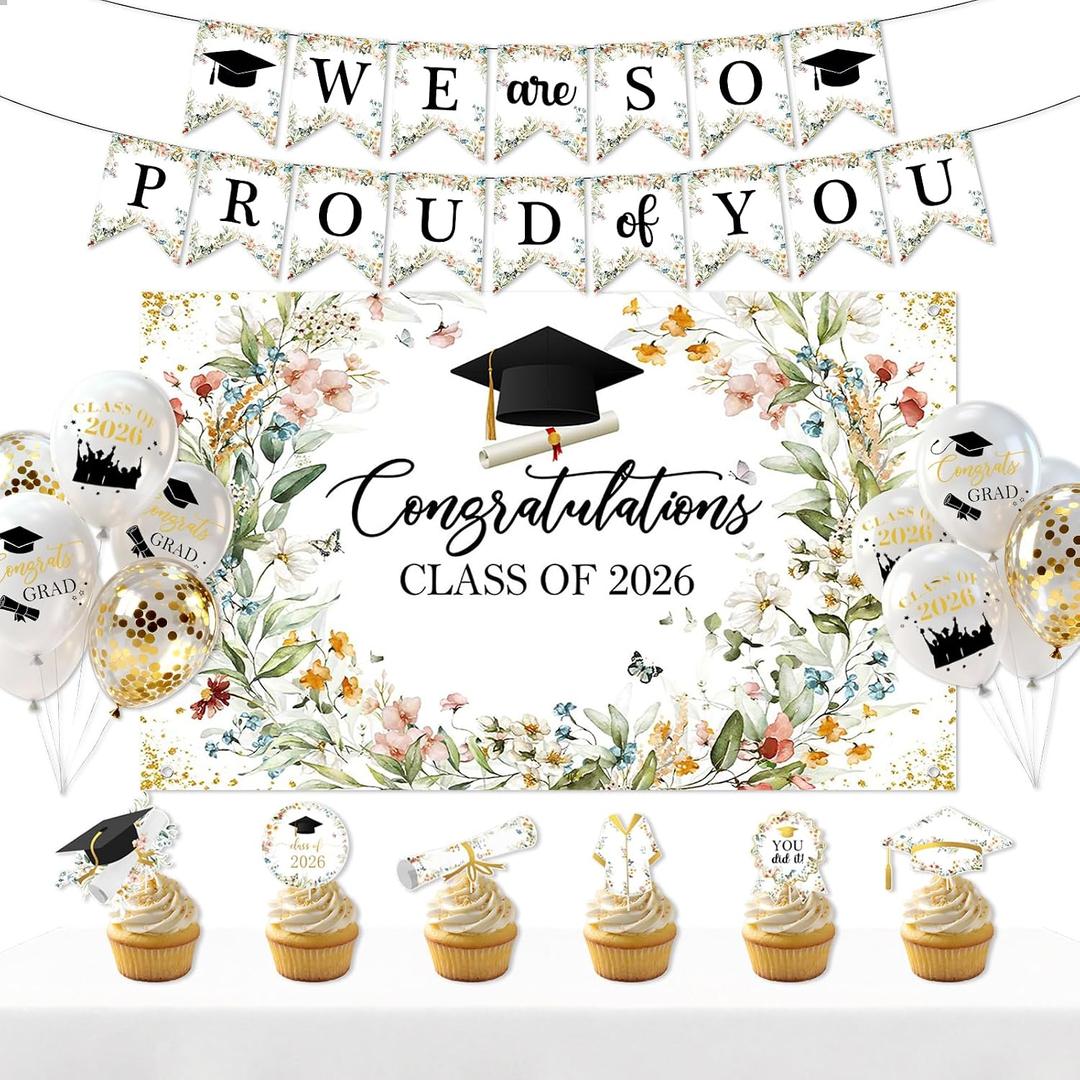 Graduation Party Decorations Wildflower Class of 2026 Backdrop We Are So Proud of You Banner Cupcake Toppers Balloons Spring Congrats Grad Party Supplies for High School Colloege