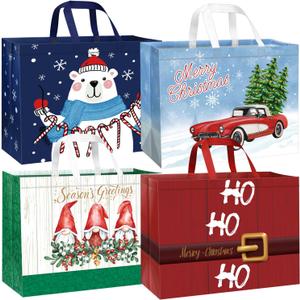 DECHISY 12 Pack Extra Large Christmas Gift Bags with Handles, Reusable Christmas Tote Bags for Wrapping Xmas Presents, Shopping, Party 17 x 13 x 7 Inches (Green)