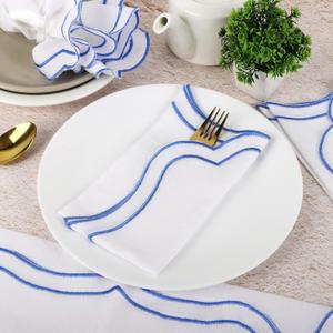 Scalloped Embroidery Cloth Napkins Premium Quality Table Decor Spring and Summer 100% Cotton Reusable Washable Napkin -18 x 18 inch (White Napkin with- Light Blue Edges, Pack of 4)