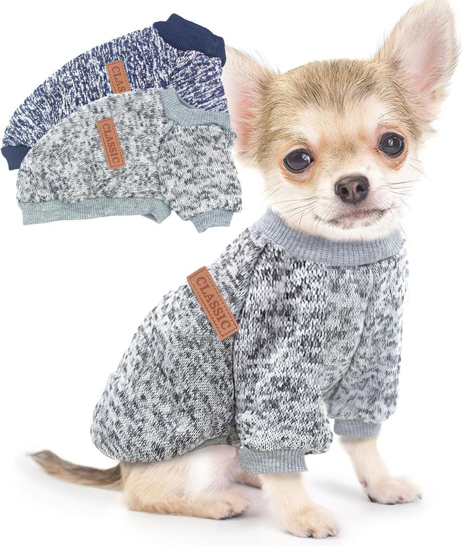 2 Pieces Dog Sweaters for Small Dogs Fall Dog Clothes Male Winter Fleece Dog Sweaters Warm Thick Pet Outfit Coat Small Dog Sweater for Boy Girl Dogs, Yorkie, Chihuahua, Pug, Cat, Pug,S,Grey Navy