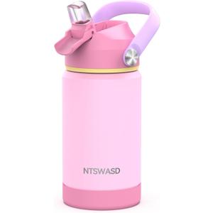 Kids Insulated Water Bottle with Straw,12 oz Kids Cups with Stainless Steel Leak Proof for School Daycare Boys Girls(Pink)
