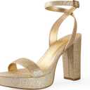 Ankis Platform Heels for Women 4 Inches Chunky Heels Sandals for Women Comfy Open Toe Block Heeled Sandals Nude White Silver Gold Black Ankle Strappy Heels (9)