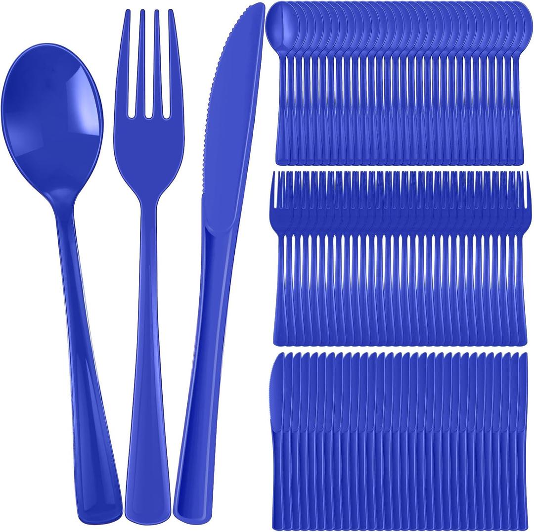 300 Pcs Plastic Silverware Heavy Duty Cutlery Set Plastic Utensils Set Includes 100 Disposable Spoons 100 Forks Knives for Parties Catering Family Gathering(Royal Blue)