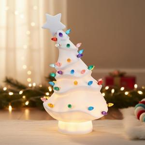 Ready to Paint Ceramic Christmas Tree 13 Inch White Hand Painted Tabletop Twists Christmas Tree with Lights Decoration for Xmas Home Mantle Table Top