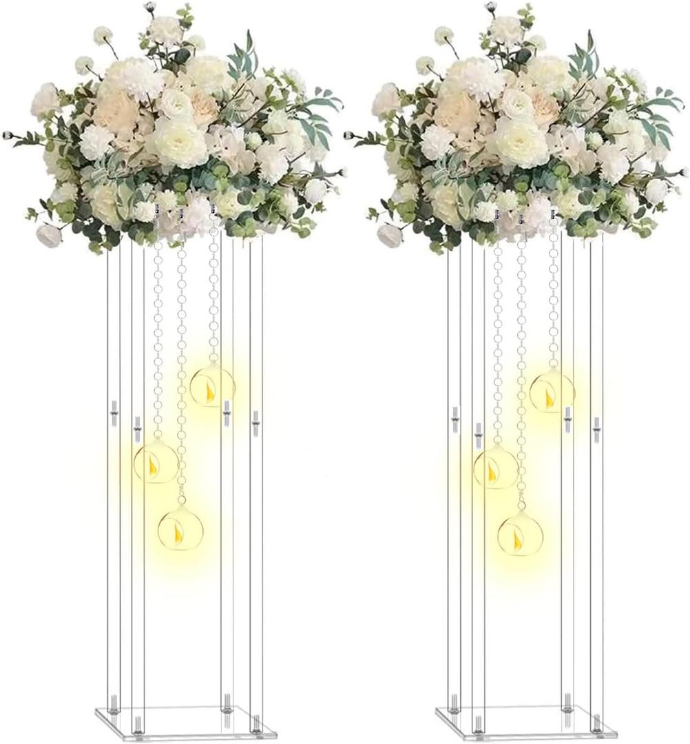 Clear Acrylic Vases Flower Stand Wedding Centerpieces with Hanging Glass Tealight Globe Candle Holders for Event Party Table Decoration Display Rack Column (2, 32 inch)