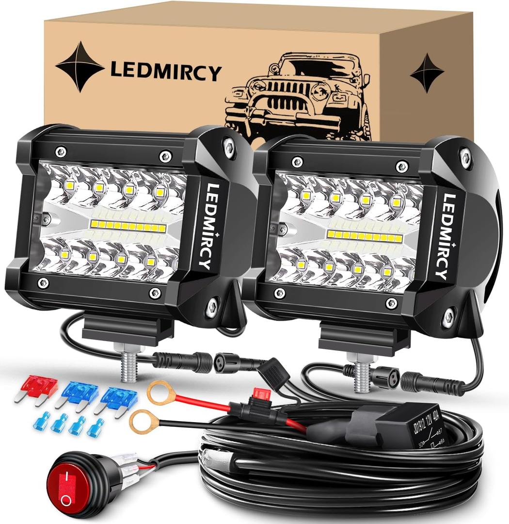 LEDMIRCY 4 Inch LED Pod Lights Kit with Round Toggle Switch Wiring Harness LED Light Bar 2 Lead Spot Flood Combo Beam White Driving Off Road Lights for Truck Tractor Excavator Boat ATV SUV UTV GMC