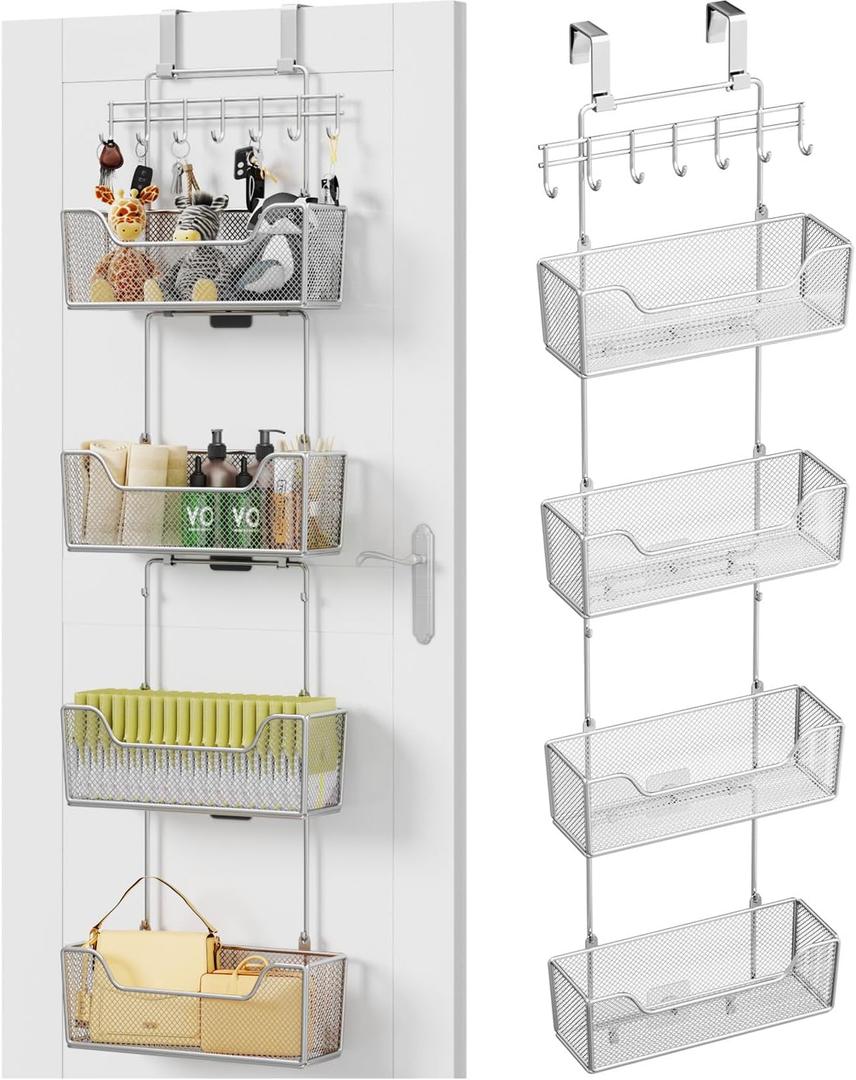 HapiRm Over The Door Organizer - Hanging Door Organizer with 4 Metal Large Capacity Baskets and Adjustable Coat Hook for Bathroom Bedroom Kitchen Pantry Closet Cabinet, 5 Tier
