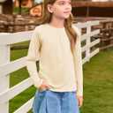 Haloumoning Girls Long Sleeve Tees Kids Casual Crewneck Pleated T Shirts Cute Fall Tops 5-14 Years Beige