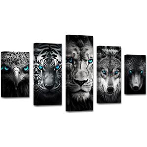 DOARTDO Black and White Animal Canvas Wall Art 5 Pieces Blue Eyes Eagle Bear Tiger Wolf Lion Pictures Animal Painting Artwork Living Room Kids Room Decor Frame (8x14inx2 8x18inx2 8x22inx1)