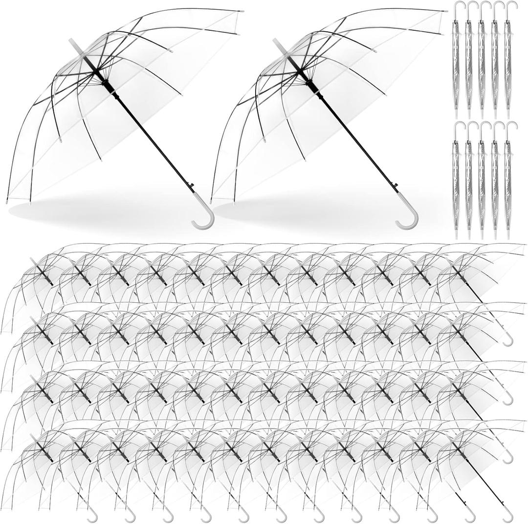 60 Pack Clear Wedding Umbrellas Bulk Transparent Auto Open Stick Umbrellas Windproof Waterproof Large Canopy Umbrella with White European J Hook Handle for Wedding Bride Groom Photography Golf Outdoor
