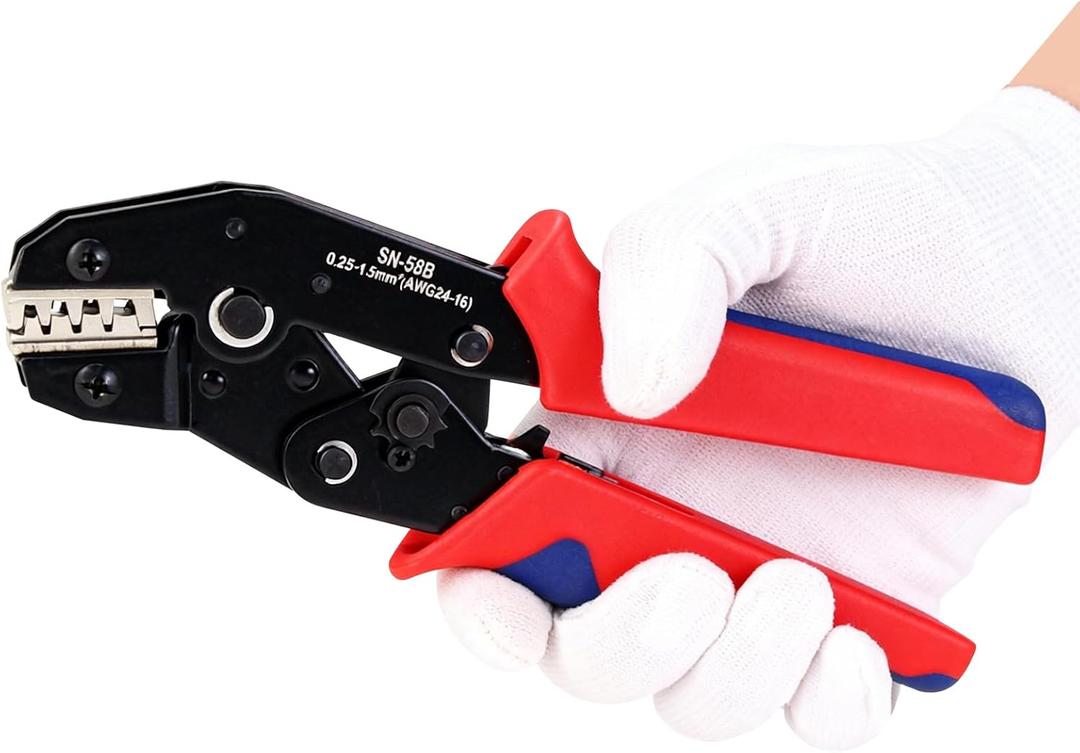 Wire Crimping Tool with Ratchet, Amliber Ratchet Wire Crimper Tool for Open Barrel Terminal Connectors, Electrical Crimping Tool for Deutsch DELPHI AMP Dupont TYCO Terminals, 24-14 AWG