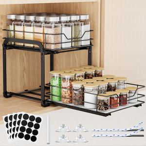 Spice Rack Organizer for Cabinet, 2 Tier Vertical Pull Out Spice Rack  Heavy Duty Metal Spice Organization for Cabinet, 40-Jar Capacity, Height Adjustable Cabinet Organizer (9"W10.5"D9"H, Black)