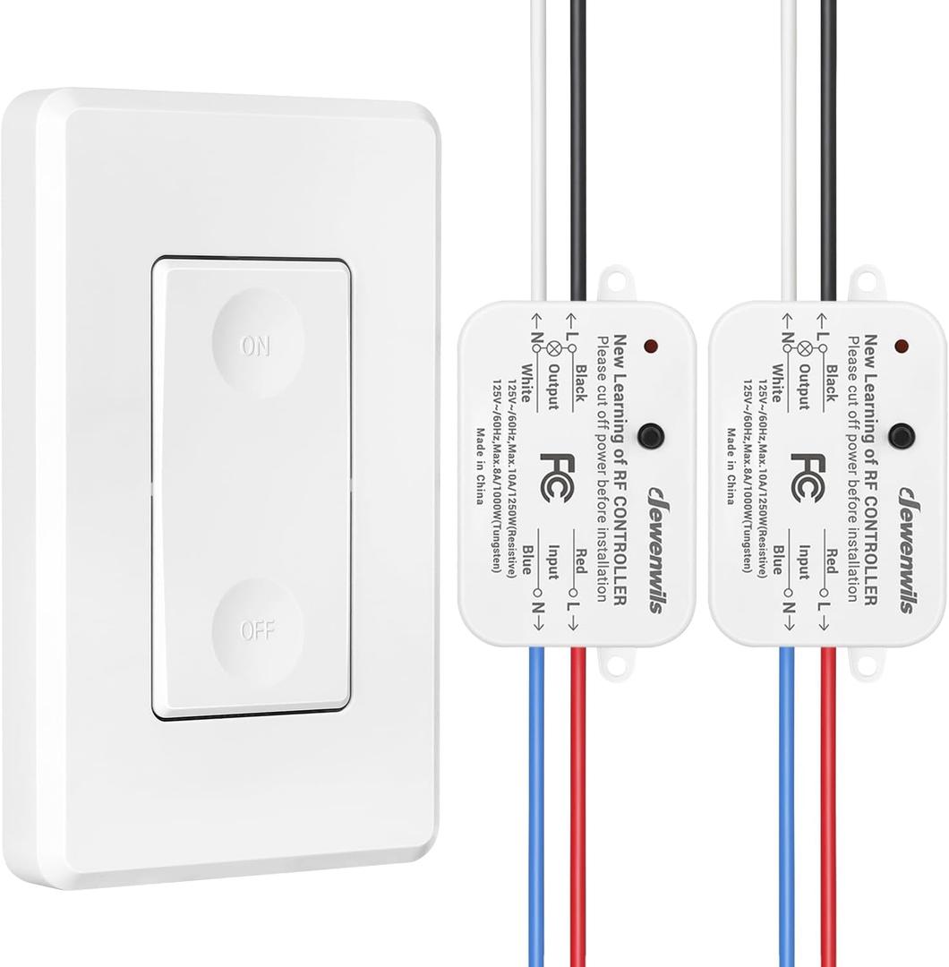 DEWENWILS Wireless Light Switch and Receiver Kit, 10A/1200W, No in-Wall Wiring Required,Remote Control Wall Switch Lighting Fixture for Ceiling Lights, Fans, Lamps,100 Ft RF Range, Programmable