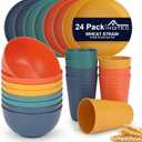 HOTEC 24-Pack Unbreakable Kitchen Plastic Wheat Straw Dinnerware Set  BPA-Free Plates, Bowls & Cups | Lightweight, Microwave & Dishwasher Safe | Multicolor Reusable Tableware for Home & Outdoor Use