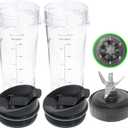 Ninja Blender Replacement Parts Compatible with BL770 BL660 BL663 BL663CO BL665Q BL740, 2 Pack Single Serve Ninja Blender 16oz Cups with Sip & Seal Lids &6 Fins Ninja Blender Blade Assembly