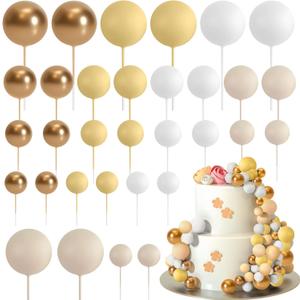 ASTARON 32 Pcs Ball Cake Topper Decorations Mini Balloons Cake Topper Sticks Foam Balls Cake Picks for Graduation Wedding Party Birthday Cake Decorating (Gold, White)
