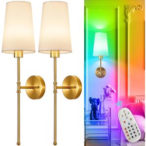 Depuley Battery Operated Wall Sconce: 27" Set of 2 Wireless Wall Lights with Remote for Bedroom - Rechargeable 15 Colors Gold Wall Lamp for Living Room Hallway Decor