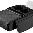 LEIWOOR 4-in-1 Multi-Functional Car Center Console Organizer - Leather Armrest Storage Box with Pillow Cushion & Protective Cover, Universal Interior Accessories (Black, Large)