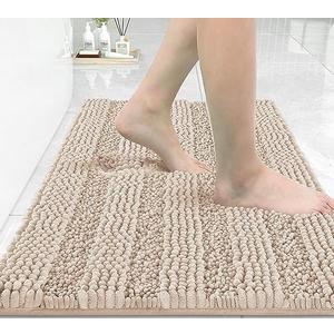 Yimobra Bathroom Rug Mat 24 x 17, Non Slip and Super Absorbent Bath Mat,Machine Washable Quick Dry,Ultra Plush Chenille Shower Rugs for Bathroom Floor Sink Tub and Shower Outside,Beige with Pink
