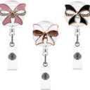 3 Pcs Elegant Crystal Badge Reels Retractable Badge Holder Clip, Cute Pink Bow Tie Nurse Badge Reel Clip Retractable ID Name Tag Card Badge Holder for Nurses Doctor Teacher
