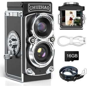 CHUZHAO Digital Camera Retro Portable Mini Vintage Camera Digital TLR Vintage Old Style Camera with 12MP Photos 1080P FHD Video Auto Focus - Black