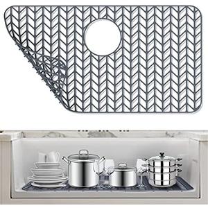 AWOKE Silicone Sink Protectors for Kitchen Sink, 28"'x 14'' Folding Non-slip Sink Mat Grid, for Bottom of Farmhouse Stainless Steel Porcelain Sink with Rear Drain (Grey)