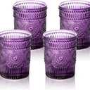 4 Pack Romantic Water Glasses-10.5 OZ Purple Vintage Drinking Glasses Tumblers for Whisky, Beer, Juice, Beverages, Cocktail