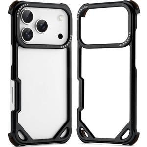 Metal Bumper Case for iPhone 17 Pro, Aluminum Alloy Frame Hollow Back Design Compatible with Magsafe, Minimalist Slim Shockproof Cool Cover Hard Shell, Raised Edge Protection, Black