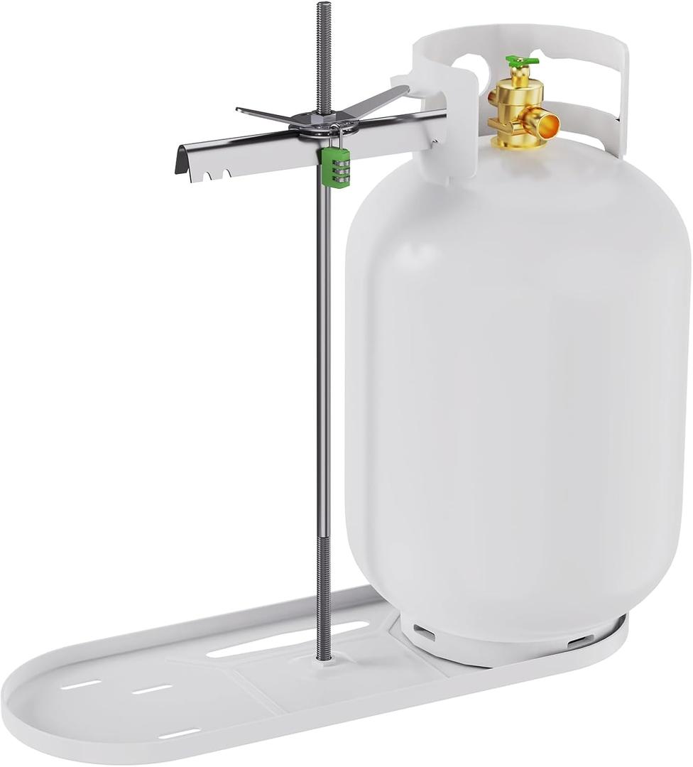 RVMATE RV Dual Propane Tank Mounting Rack with Locking Device for 30 lb Tanks, White, Dual RV Propane Tank Cylinder Rack with Lock for Travel Trailer Hitch Frame