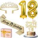18th Birthday Decorations for Girls Gold with 18th Birthday Tiara and Sash, Cake Topper andCandles, Number Balloons, 18 Year Old Gifts for Girls