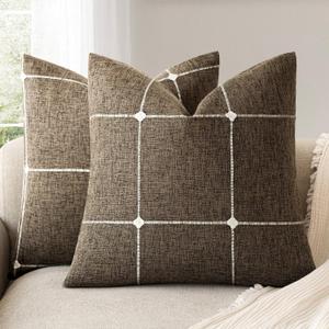 Foindtower Pack of 2 Decorative Faux Linen Jacquard Check Throw Pillow Covers Farmhouse Cushion Cover with Grid Textured Accent Pillowcase for Couch Sofa Living Room Home Decor,20×20 Inch,Cocoa Brown
