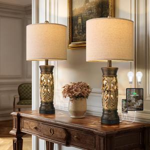 BOBOMOMO 27.25 Antique Gold Table Lamps Set of 2 Farmhouse Bedside Lamps with Night Light & USB A+C Ports, Vintage Lamps for Bedroom, Living Room, Entryway, Nursery, Reading Nook(Bulbs Included