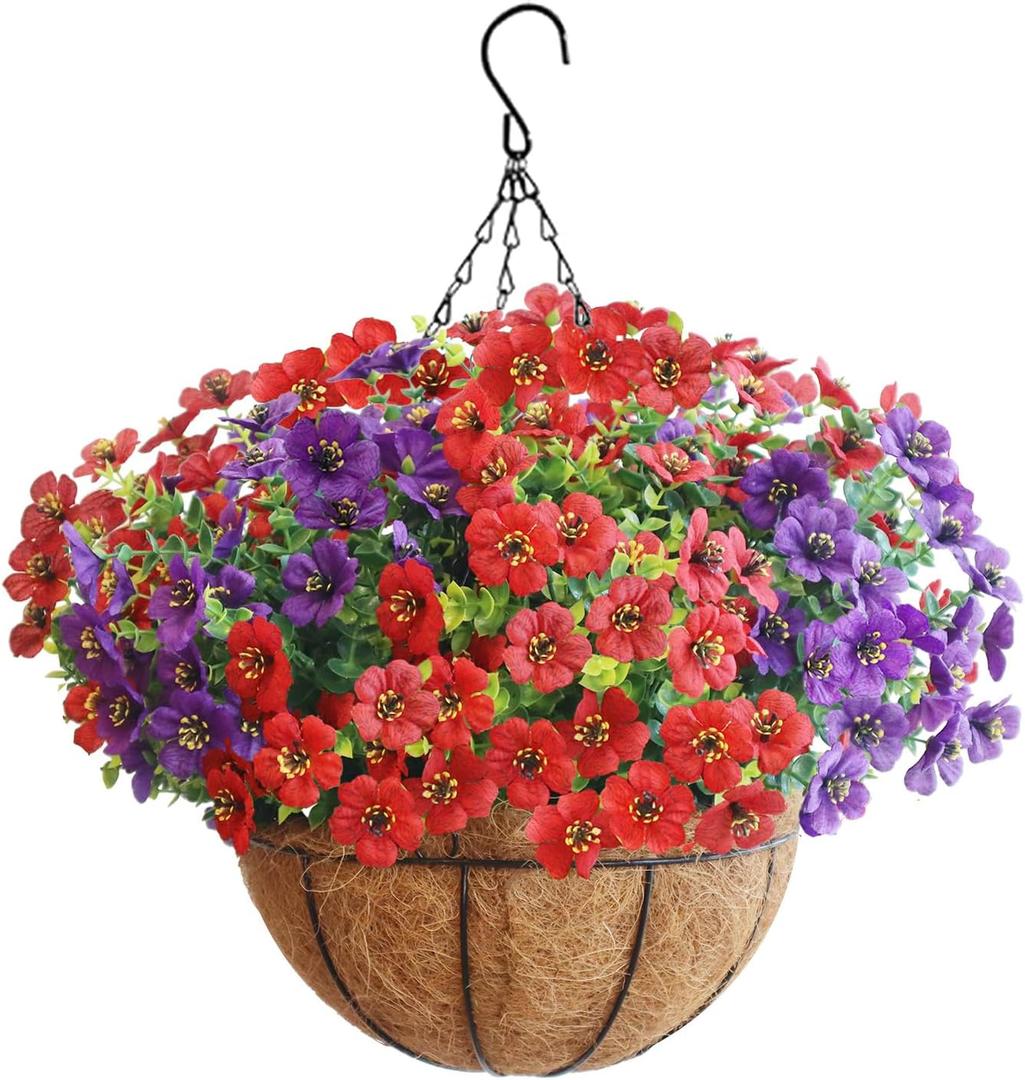 Artificial Hanging Flower Plants with Pot Planter, 12 Bundles Fake Flowers Uv Resistant Artificial Outdoor Flowers for Spring Summer Yard Porch Patio Garden and Home Decoration - Purplish Red