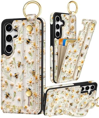 Petitian for Samsung Galaxy A35 5G Case with Wallet - Women Girls Cute Girly Aesthetic Unique Design Leather Credit Card Holder Cardholder Stand Wristband for Galaxy A35 5G, Flower