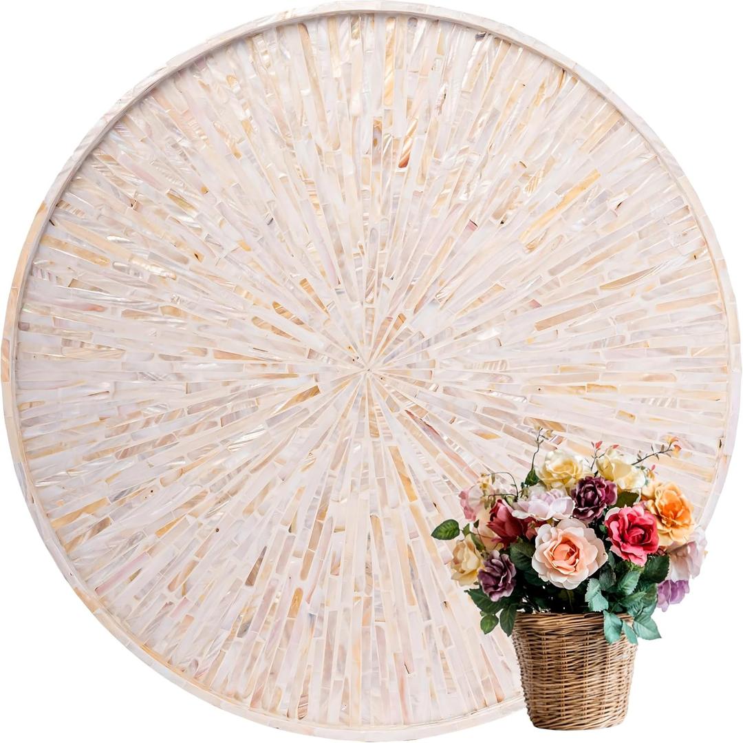 PEMAR 22" Round Mother of Pearl Extra Large Ottoman Tray with Raised Edge, Oversized Decorative Luxury Wooden Serving Tray for Food, Coffee Table, Breakfast in Bed (White Cream Sunlight)