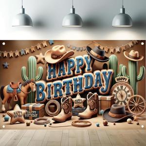 Western Cowboy Happy Birthday Banner Backdrop Rustic Wild West House Barn Photo Banner Party Decorations Boots Hat Cactus Horse Rope Photo Background Props 71 x 43 inch