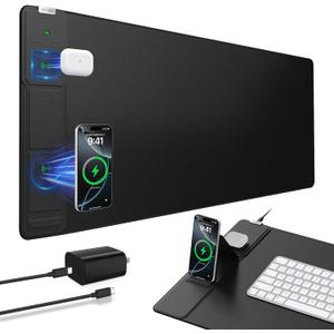 Wireless Charging Mouse Pad with Foldable Phone Holder, 31.5"x15.8" Extended Desk Mat for Laptop/Keyboard, Waterproof UltraSmooth Surface, NonSlip Base & 20W PD Adapter, Black