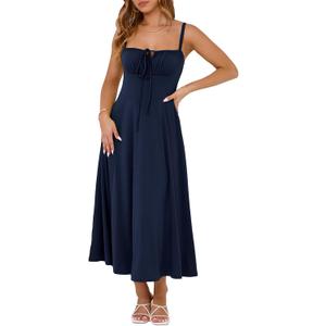 YATHON Women's Summer Midi Corset Boho Dresses Spring Casual Floral Spaghetti Straps Lace Up Dress Flowy Aline Beach Sundress (Blue, L)