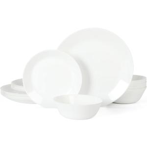 Martha Stewart Opalton 18-Piece Dinnerware Set Chip and Break Resistant Opal Glass Plates and Bowls, Lightweight White Dinner Set for 6, Microwave and Dishwasher Safe