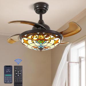 36" Tiffany Style Ceiling Fan with Lights, Remote Control Led Dimmable Fandelier Fixture with 4 Retractable Reverse Blades, Vintage Stained Glass Suit for Bedroom Living Room