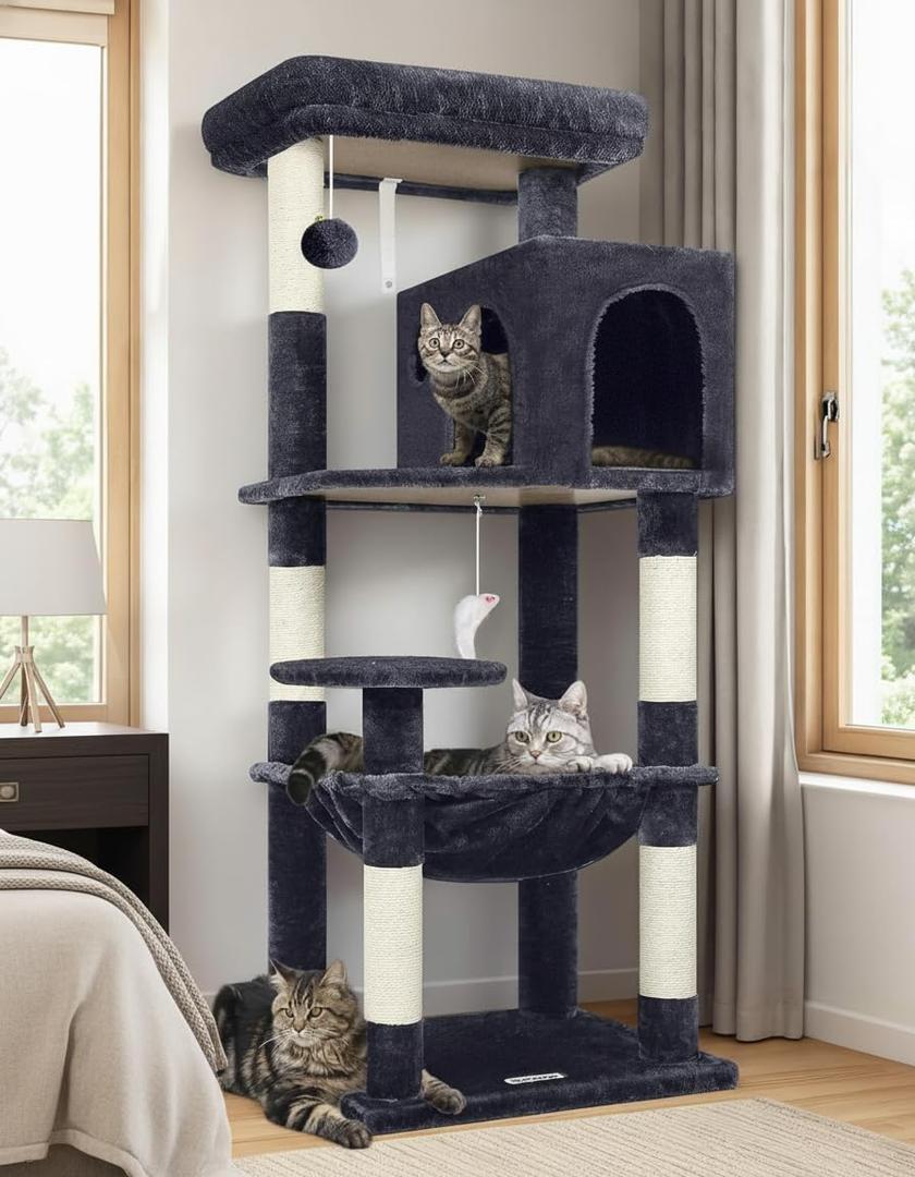 Globlazer Cat Tree Tower with Scratching Post for Indoor Cats, 53inch Tall Plush Multi-Level Cat Climbing Tower Condo House with Large Hammock, Spacious Cat Condo, Big Padded Top Perch, F53, Dark Gray