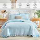 Blue Ruffle Quilt Set Full/Queen Size, 3 Pieces Shabby Chic Farmhouse Striped Bedspread Coverlet Set, Solid Lightweight Soft Microfiber Bed Cover for All Season (1 Ruffled Quilt + 2 Pillow Shams), Queen-90" x 90"