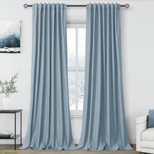 100% Blackout Linen Curtains 90 inch Length 2 Panels for Living Room Loop Pocket Pinch Pleated Black Out Drapes Blue Colored Heat Reducing Total Blackout Window Curtains for Bedroom 90 inches Long (52"W x 90"L (Pack of 2))