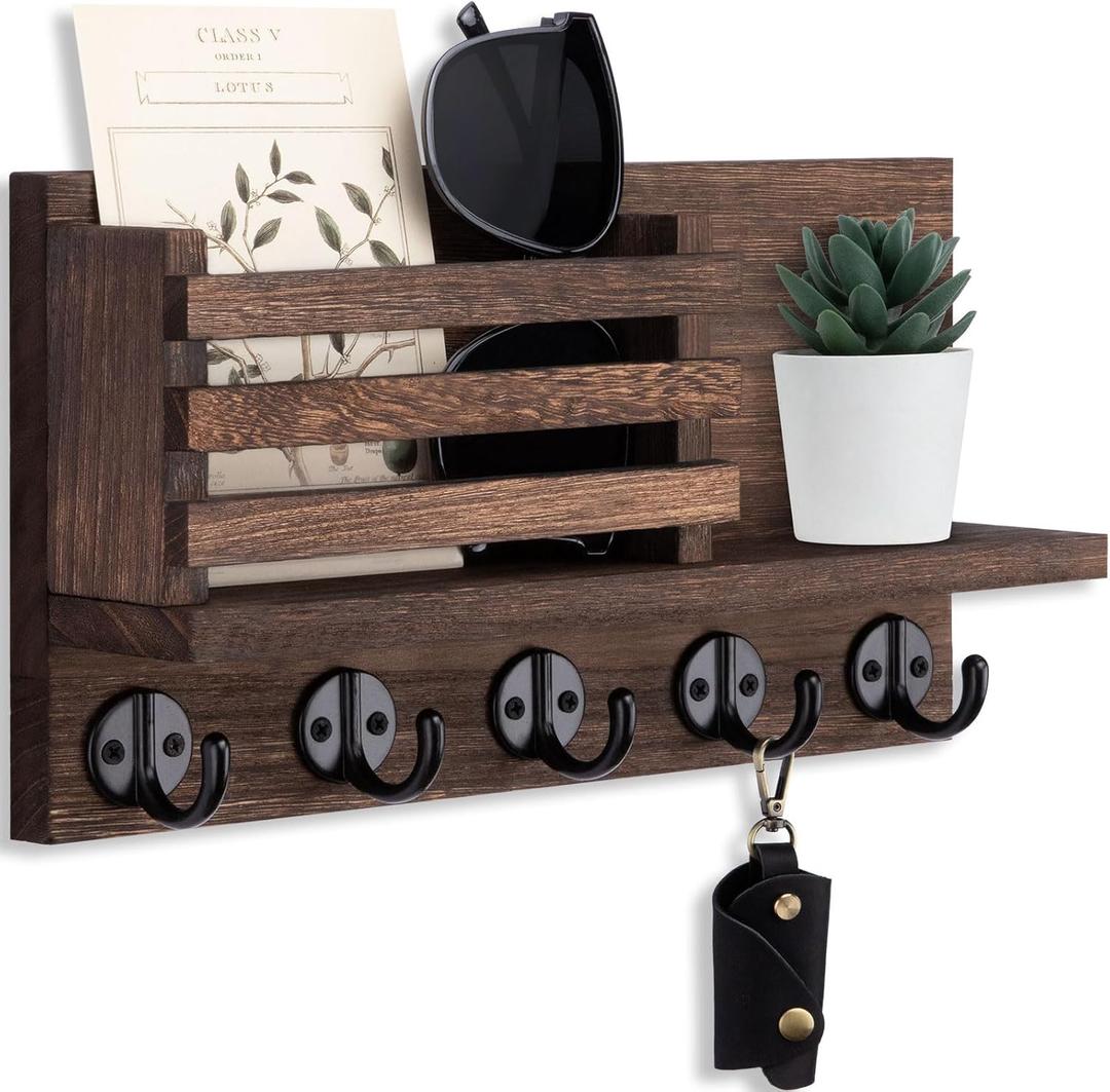 Lwenki Key Holder for Wall  Decorative Wooden Mail Holder and Key Shelf with Mounting Hardware, Installation Guide  Paulownia Wood with 5 Metal Key Hooks (11.8 x 6.7 x 2.8) (Brown)