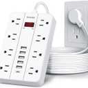 10 Ft Long Extension Cord,Power Strip with Multiple Outlets HUNIAN Flat Plug with 8 Widely Spaced Outlets 6 USB(1 USB C Port), Wall Mount Charging Station for Home and Office,White