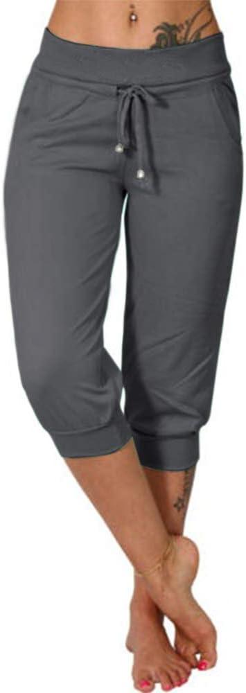 Bwogeeya Womens Capri Yoga Pants Loose Drawstring Pajama Pants Lounge Joggers Pants with Pockets (Small, Dark Grey)